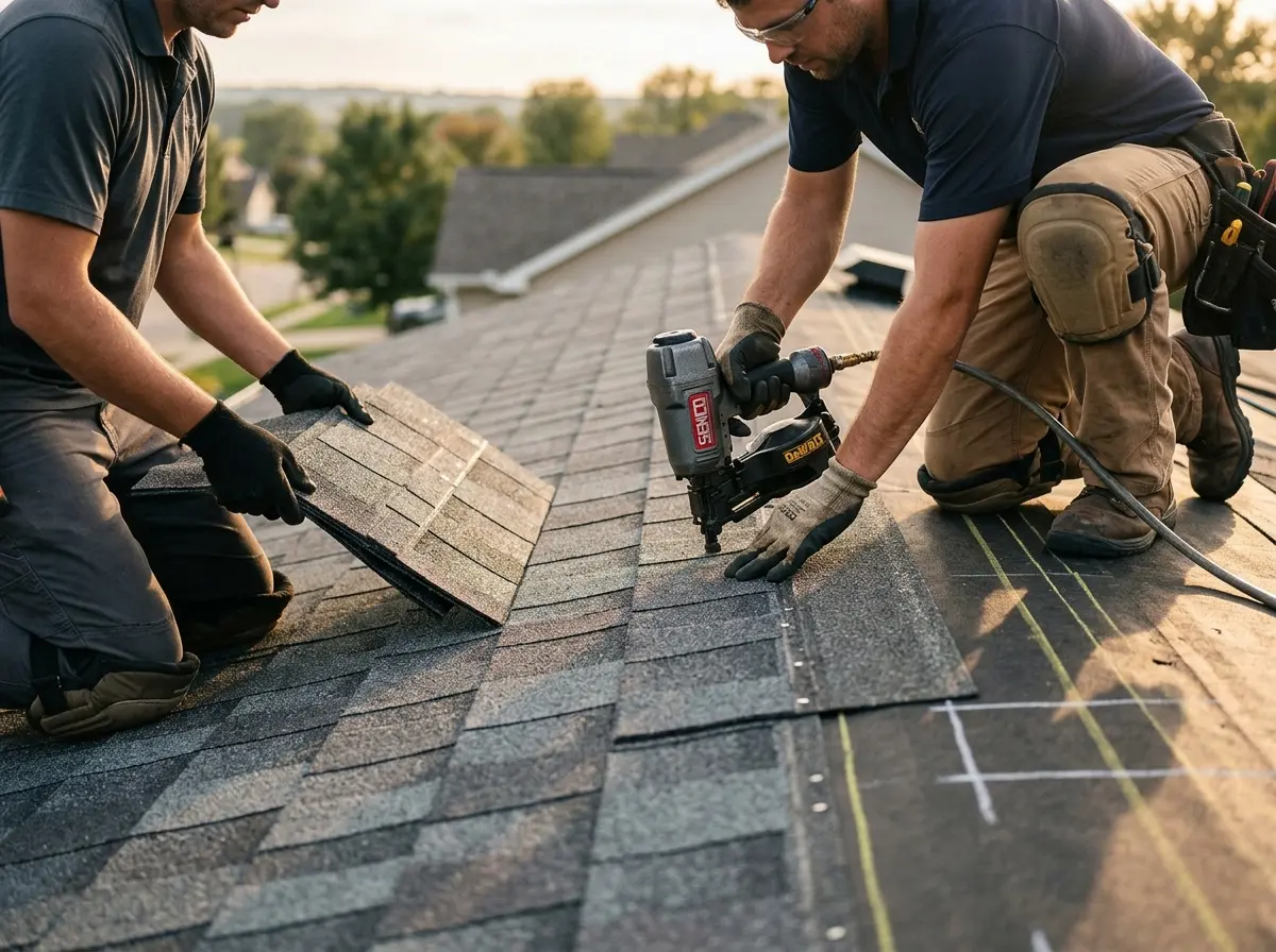 Professional roofer working on a residential roof in Sappington